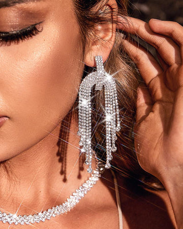 1Pair Asymmetrical Tassel Design Rhinestone Drop Earrings